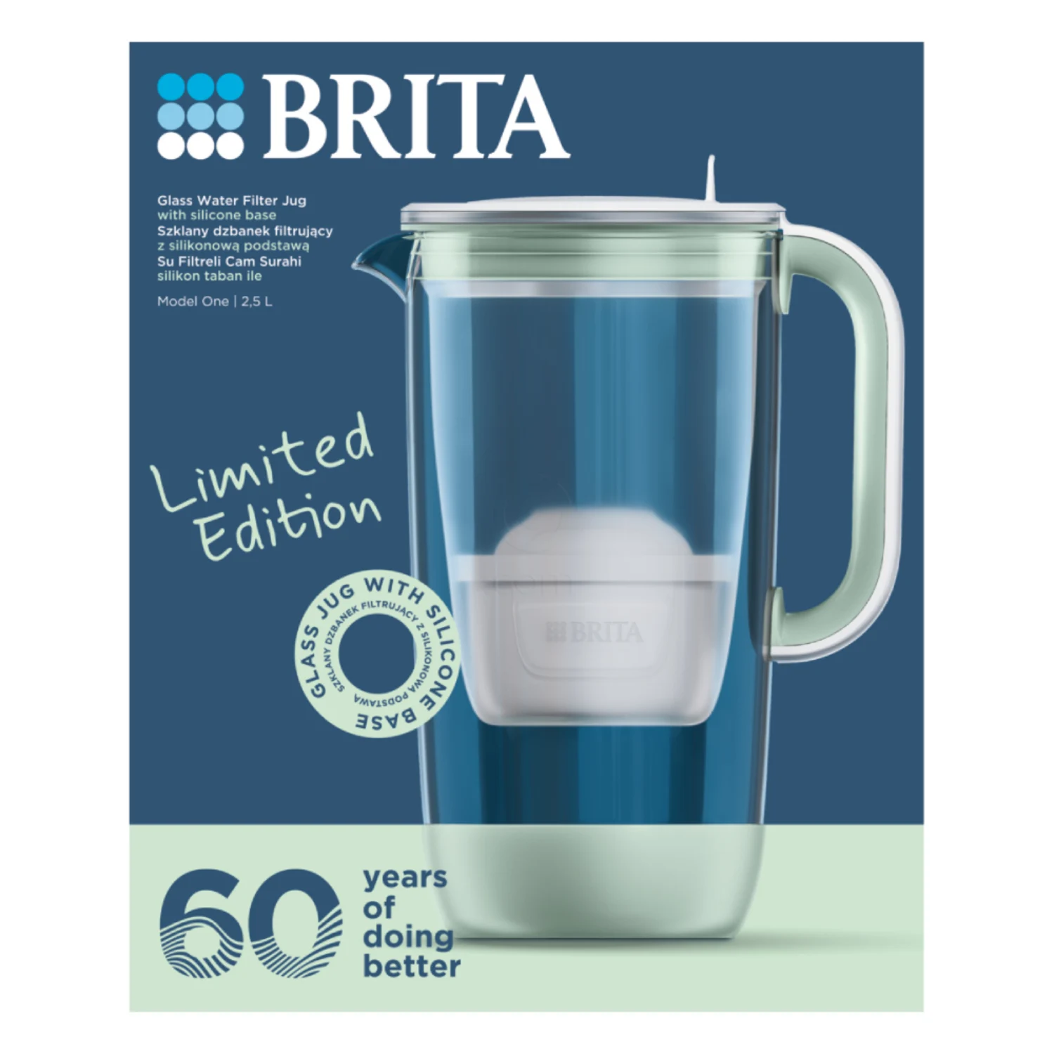 Brita Glass One 60th Anniversary Edition, stekleni vrč za filtriranje vode - zelen - 2,5 l (1 komplet)